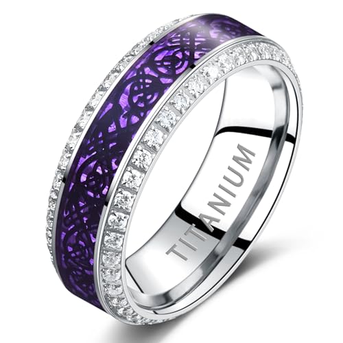 Mens Wedding Bands 8mm Celtic Dragon Titanium Ring Blue/Purple Wedding Rings with Carbon Fiber and Simulated Diamond Inlay Comfort Fit Jewelry Gift Size 7-12