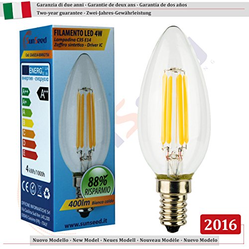 SUNSEED 6 X E14 4W (Equivalent to 40W) Sapphire Filament LED Candle Light Bulb C35 Warm White 2700K, Pack of 06 - Warm White 2700k - Image 2