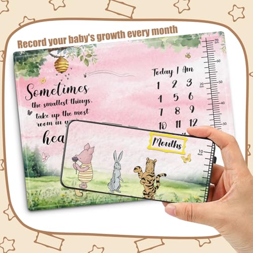 Image of Winnie Quotes Milestone Blanket for Baby, Pink Baby Blanket Growth Chart, Newborn Photography Background Decor, with 8pcs Double-sided Printed Holiday Cardstock 30*40in, Christmas Decor Photo Gift