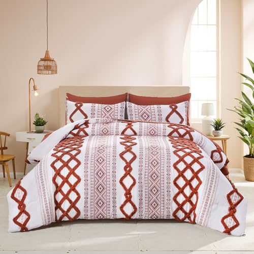 Image of MOVE OVER 7 Pieces Burnt Orange Tufted Bed in a Bag King Size Boho Chic Farmhouse Bedding Set Soft Microfiber Ethnic Aztec Comforter Sets for Bedroom Mid-Century Bohemian Bedding Comforter Set