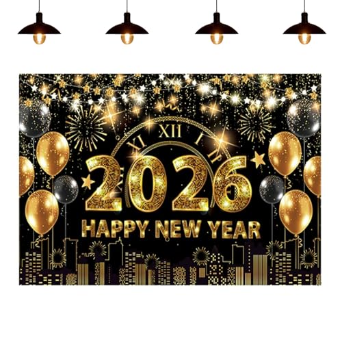 Happy New Year 2026 Banner, Extra Large Happy NewYear Banner with String Decorations Black Gold Clock Fireworks Theme Backdrop for New Years Eve Christmas Party Decorations(71x43 Inch)