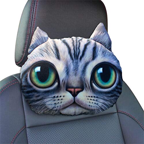 Ergocar Car Neck Pillow Cute Cartoon Dog Head Car Headrest Cushion Activated Carbon Headrest Travel Pillow for Cars, SUVs, Trucks, Travel (Gray Cat)