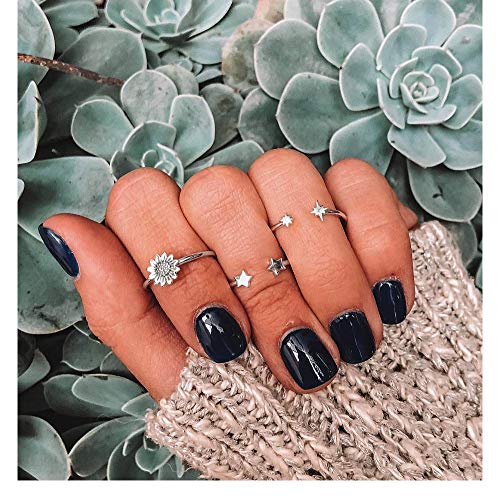BERYUAN Boho Sunflower Silver Star Knuckle Ring Set Gift For Her Vintage Silver Ring Set for Women and Girls teens 3Pcs (2)