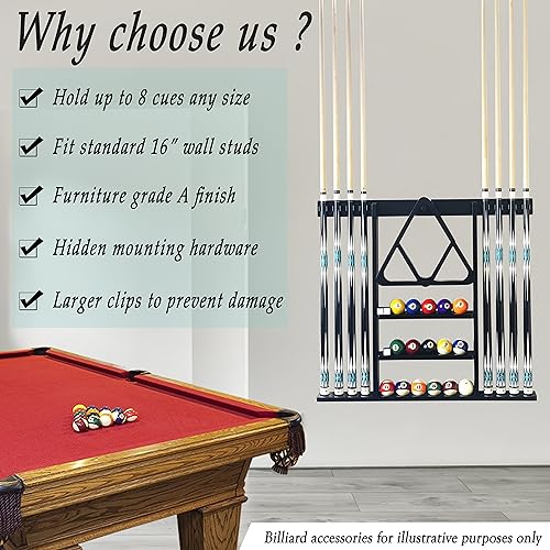 Gacco Billiards Wall Mount Pool Cue Stick Holder, Black Solid Wood Rack for 8 Cues
