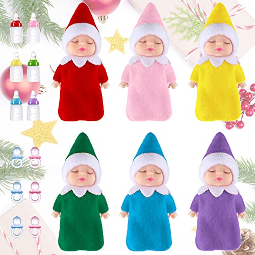 18 Pieces Tiny Baby Elf Doll Twins Set, 6 Christmas Baby Elves 6 Elf Milk Bottles and 6 Elf Pacifiers, Mini Dolls Colorful Plush Cute Elf Dolls for Christmas New Year Holiday Decoration Kids Present