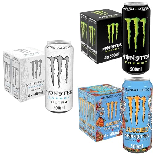 Monster Energy Original, Ultra White, y Mango Loco, Bebida Energética - Pack 12 Latas 500ml - 4 latas de cada sabor