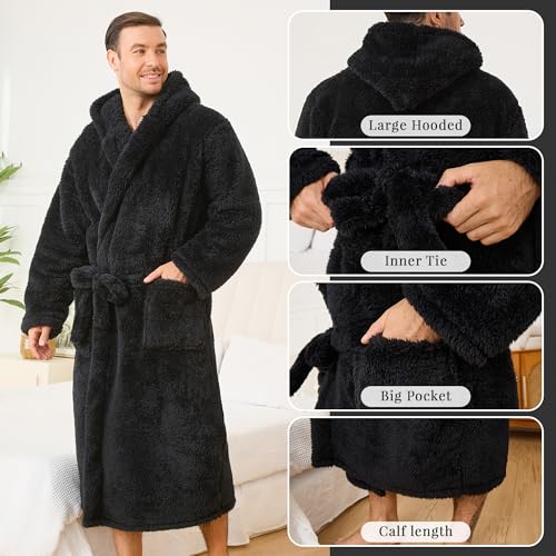 U2SKIIN Men Plush Fleece Hooded Robe, Soft Warm Long Bathrobe with Pockets, Cozy Shower Robe for Men Loungewear4