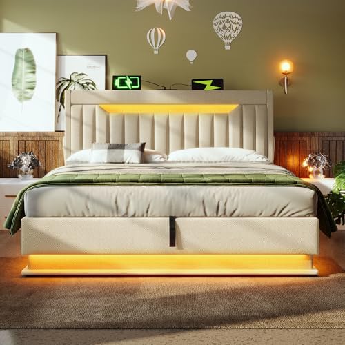 Vivca Cama Doble Tapizada, 160 X 200 Cm, Cabecero De Almacenamiento Con Conexiones Usb Y Tipo C, Iluminación Led En La Cabecera Y Los Pies De La Cama, Con Espacio De Almacenamiento Hidráulico, Beige Vivca Cama Doble Tapizada, 160 X 200 Cm, Cabecero De Almacenamiento Con Conexiones Usb Y Tipo C, Iluminación Led En La Cabecera Y Los Pies De La Cama, Con Espacio De Almacenamiento Hidráulico, Beige