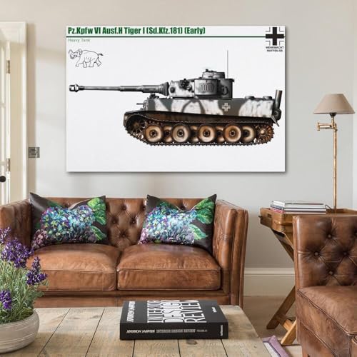 Poster vintage de la Seconde Guerre mondiale Pz.Kpfw VI Ausf.H Tiger I (Sd.Kfz.181) (Early) - Impression sur toile murale moderne pour chambre à coucher - 40,6 x 61 cm - 40,6 x 61 cm
