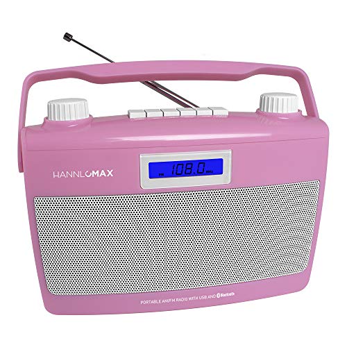 HANNLOMAX HX-500R Portable AM/FM Radio, Bluetooth, USB Port for MP3 Playback, Aux-in, AC/DC Dual Power Source. (Pink)