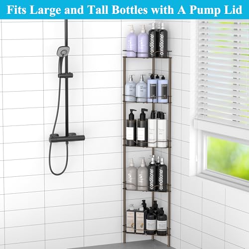 Image of HuggieGems 5 Tier Floor Standing Corner Shower Caddy Organizer Shelf with Hooks, Bathroom Shelves Stand Rack, Bronze