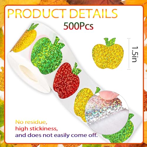 Image of 500Pcs Back to School Apples Stickers Roll 3 Colors Laser Apples Sparkly 1.5in Waterproof Decals Self-Adhesive Stickers for Envelope Scrapbook Decor First Day of School Party Supplies