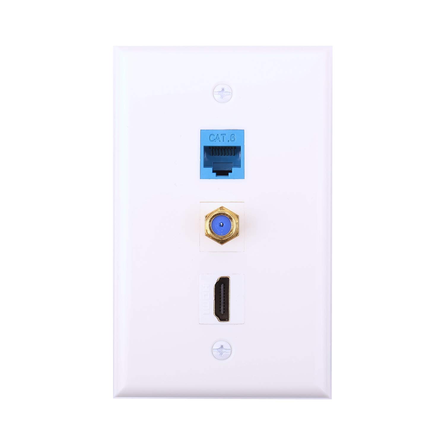 iGreely HDMI Coax Ethernet Wall Plate, 1 Port HDMI Keystone Female to Female, 1 Port Coax Keystone Female to Female, 1 Port CAT6 Keystone Female to Female Wall Plate White