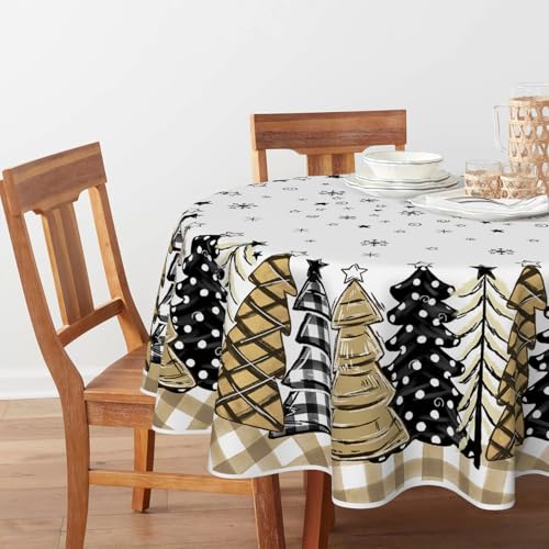 Horaldaily Christmas Tablecloth 70×70 Inch Round, Christmas Trees Buffalo Plaid Beige Washable Table Cover for Party Picnic Dinner Decor by Horaldaily - Image 2