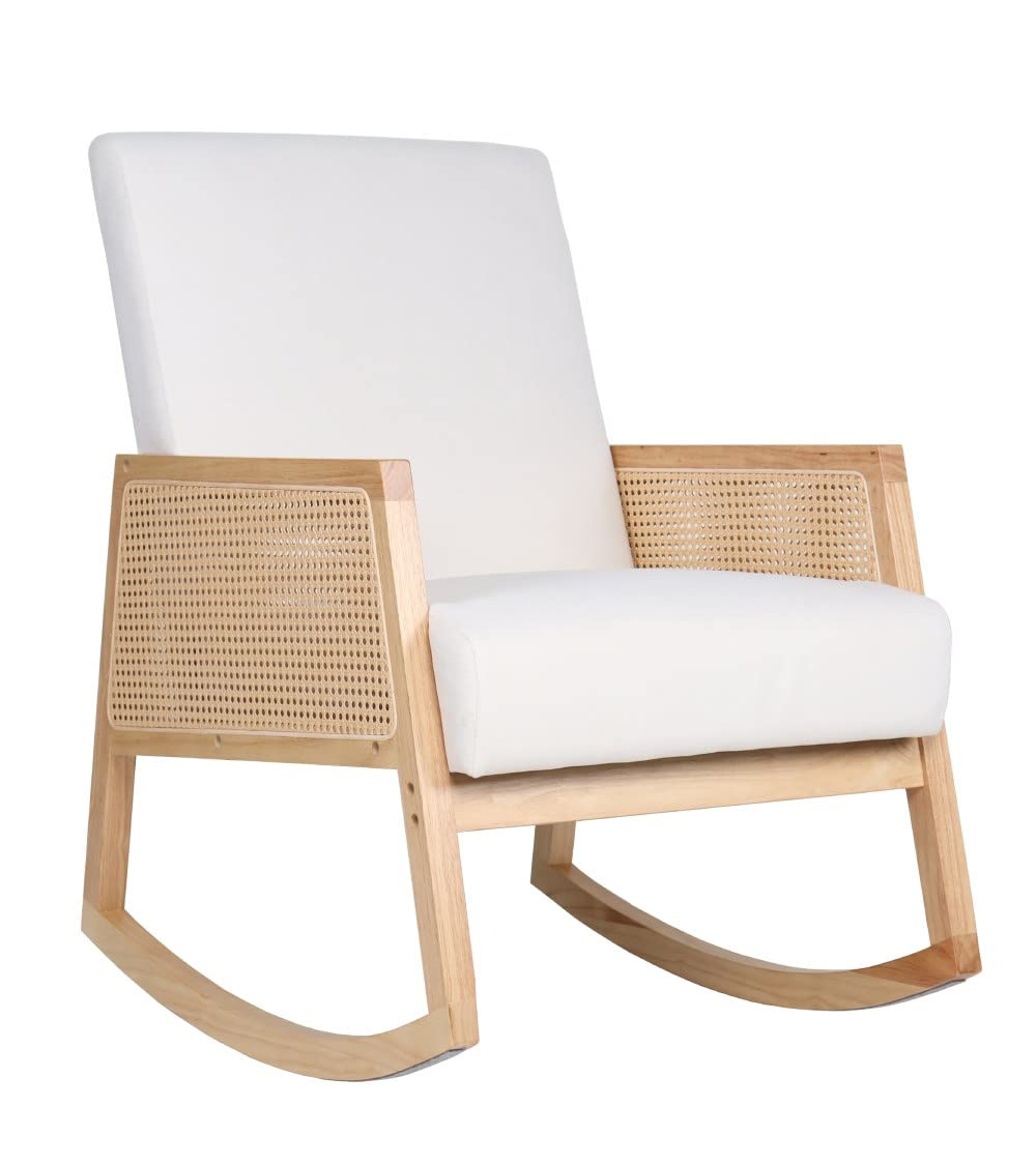 SWEET SOFA® - Butaca Mecedora de Madera y ratán Sofia, Estilo Boho Chic, tapizado Antimanchas. 96x66x82 cm. (Crema/Madera Clara)