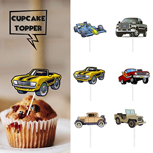 18Pcs Blue Glitter Dessert Cupcake Topper Retro Transportation Car Develop History Theme Decor Supplies Baby Shower Children Boy Girl Happy Birthday Party Decorations #TOP1