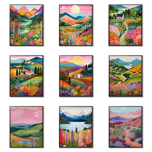 Plant Floral Landscape Wall Art Set of 9, Colorful Abstract Nature Landscape Posters Wall Decor, Boho Canvas Artwork for Living Room Dining Room Bedroom Bathroom Home Decoration 8x10In Unframed