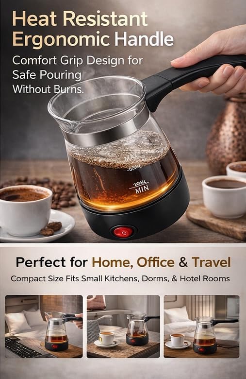 Image of Electric Turkish Coffee Maker | Glass Electric Kettle | Fast Heating Coffee Pot | Tea Milk Water Boiler | Heat Resistant Handle | Compact Travel Electric Pot | Home Office Kitchen Use | 500 ML