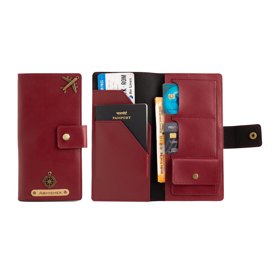 Image of Aica Personalized Name & Charm Long Leather Wallet Passport Cover (Wine) with Passport Boarding Pass Card Slot & Coin Holder for Men & Women | Birthday Anniversary Travels Gifts for Women Sis Wife Mom