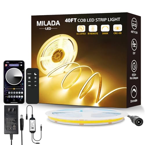 Image of COB LED Strip Light 3000K 40FT /12M warm white led strip Dimmable High Lumen Strip with IR Remote 24V UL Certified Adapter Suitable Adhesive Indoor COB LED Strip for Bedroom Living Room, Shelf, Cabinet