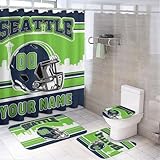 Bekerskpc Custom 4PCS Seattle Shower Curtain Set Personalized Name and Number Shower Curtain Non-Slip Bath Rugs Toilet Mats Bathroom Decor for Men Women 72 Inch X 72 Inch