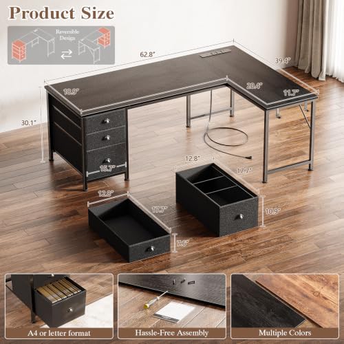 Image of Furologee 55 inch L Shaped Desk with Power Outlets & USB-C Port, Reversible Corner Computer Desk with File Drawers, Work Study Gaming Table for Home Office, Dorm, Black