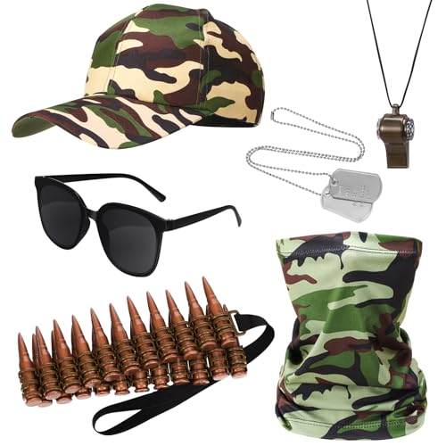 GSrenyu Lot de 6 accessoires de déguisement de l'armée pour Halloween avec chapeau camouflage, ceinture de balle, lunettes de soleil et collier pour chien,...