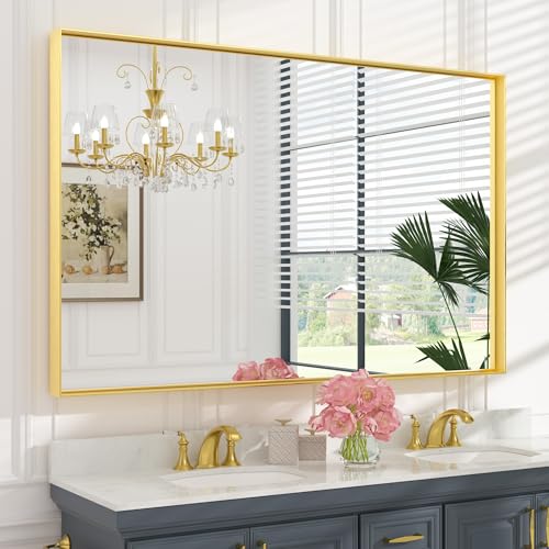 Image of Keonjinn 60x40 Inch Gold Bathroom Mirror for Over Sink, Rectangular