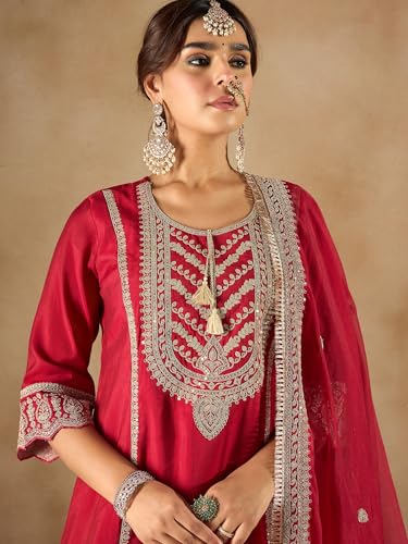 Image of INDO ERA Women's Maroon Silk Blend Embroidered A-Line Kurta & Pant With Dupatta Set (IESTR6990)