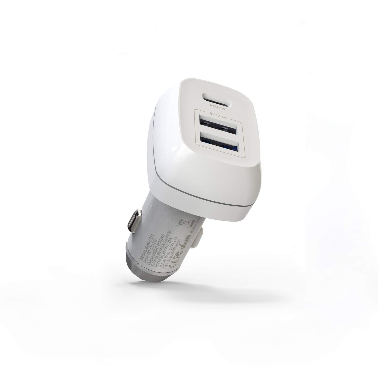 USB C Car Charger, 60W 3 Port Fast Charge Car Charger with USB C PD3.0 & Dual USB-A, for 12/12 Pro Max/12 Mini/11/11 Pro Max/XR/X/8/7, Galaxy S10/S9/S8, Note, Pixel (White)