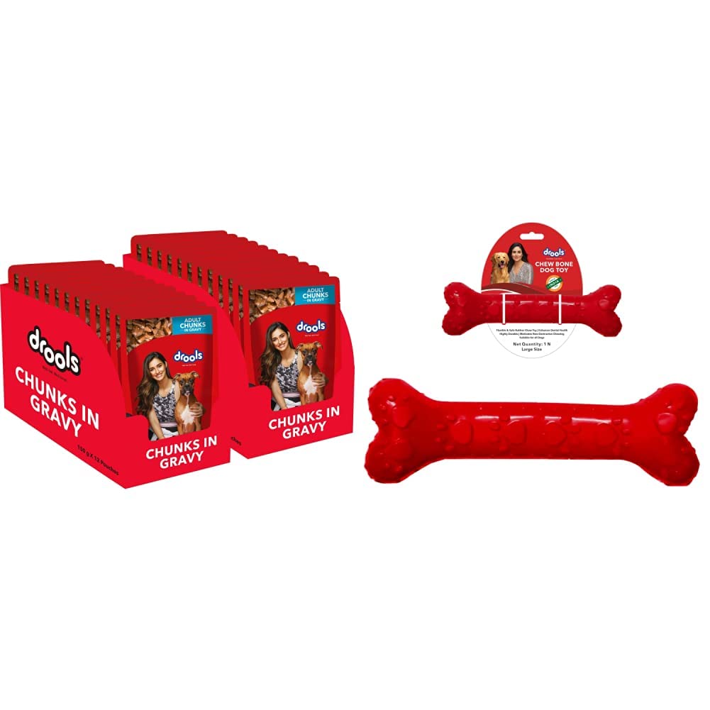 Drools Adult Wet Dog Food, Real Chicken and Chicken Liver Chunks in Gravy, 24 Pouches (24 x 150g)&Drools Non-Toxic Rubber Dog Chew Bone Toy, Puppy/Dog Teething Toy (Large) - 8.5 inches, Red (B0BP5722WR) Amazon Price History, Amazon Price Tracker