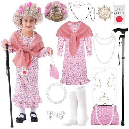 VillbeCoser 100 Days of School Old Lady Costume Set Grandma Dress Up Cosplay Accessories for Girls 13PCS PinkRose M by VillbeCoser - Used condition - US$9.08