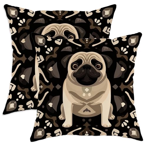 Pug Throw Pillow Covers Set of 2, Playful Fanciful Bones
