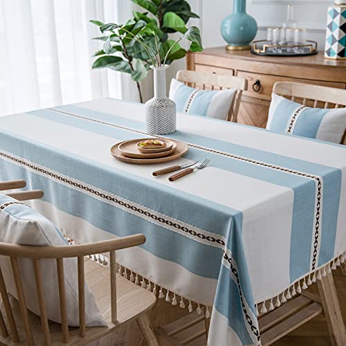 Nappe à rayures lavable en coton lin durable avec pompons pour décoration de table