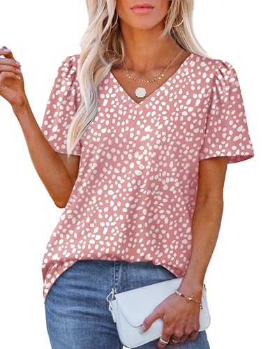 OFEEFAN Womens Tops Summer Tops for Women 2025 Puff Sleeve Beach Vacation Outfits Plain Tee Blouses Casual Dressy Tshirts Shirts Pink Leopard L