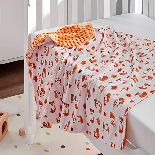 Image of DaysU Silky Micro Soft Plush Baby Blankets Unisex with Print Animal Pattern and Soothing Raised Dots, Double Layer Bed Throws for Toddler Cot, Fox, Orange, 50x60 Inches