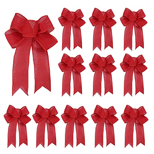 DUDNJC 12 lazos decorativos de arpillera a cuadros de búfalo, lazos grandes de 23,9 cm, lazo para decoración de árbol hecho a mano, corona de Navidad para decoración de fiesta de Navidad (rojo) Cover