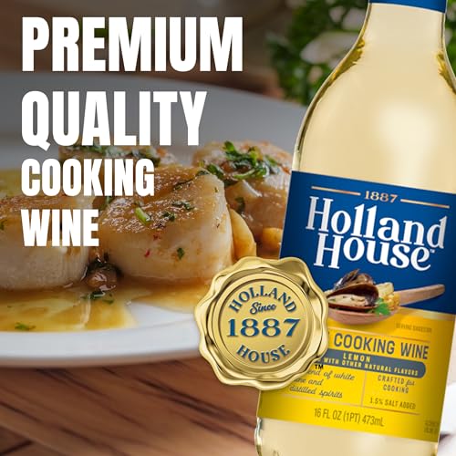 Image of Holland House White Cooking Wine with Lemon, Ideal for Cooking, Roasting and Marinating, 16 FL OZ | White cooking wine with lemon flavor for cooking, marinades, and sauces; balanced citrus notes and shelf stable bottle.