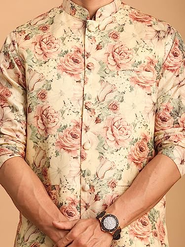 Image of VASTRAMAY Men's Multicolor Base Silk Blend Jacket, Kurta and Pyjama Set || Classic Flower Print Nehru Jacket with Kurta and Pyjama - Perfect for Festive Occasions