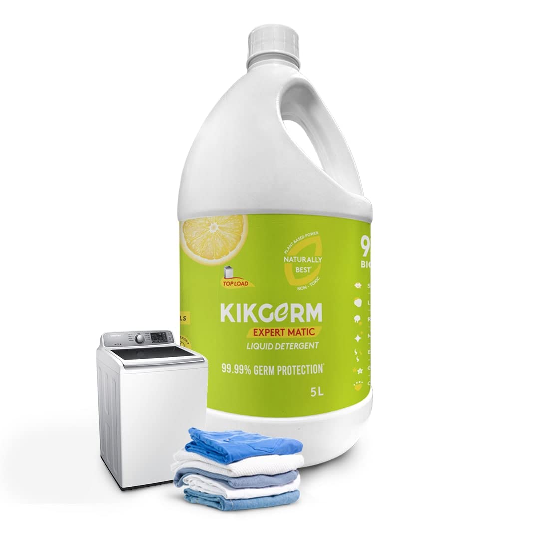 Kikgerm Plant Based Top Load Laundry Liquid Detergent (5 Litre) Natural, Eco-friendly, Non-toxic, Chemical-free, Biodegradable - Skin Safe, Pet Safe - Tough Stain Remover