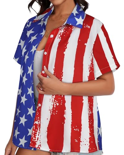 Image of Women Hawaiian Shirt Button Down Summer Tops Beach Short Sleeve Blouse