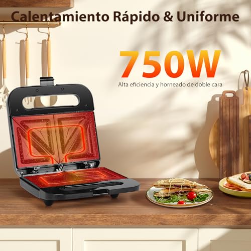 Aigostar - Sandwichera 2 Sandwiches, Revestimiento Cerámico Antiadherente, Control Automático de Temperatura 180-200℃, Luces Indicadoras, Asa de Toque Frío, Almacenamiento Vertical, 750W, Lamo Pro - imagen 5