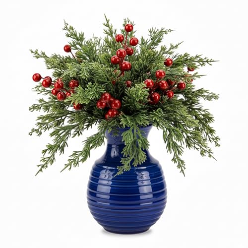 Norfolk Pine Stems with Red Berry Stems Christmas Decorations 35 Pine Branches and 10 Faux Berry Stems Artificial Holly and Christmas Flowers for Holiday Decor