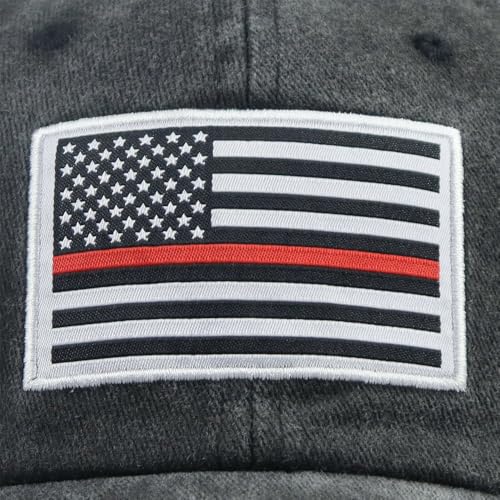 Image of Thin Red Line American Flag Hat, Cotton Adjustable Embroidered Firefighter Baseball Cap for Men Women