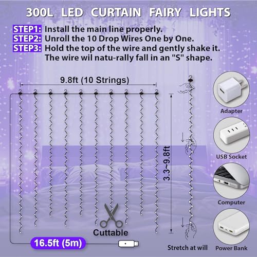image for HXWEIYE 300LED Fairy Curtain Lights, 9.8x9.8Ft USB Plug-in 8 Modes Chr