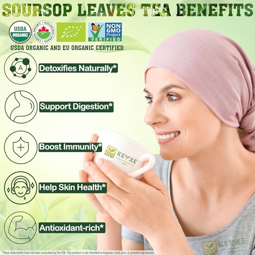 Image of KEYXE - USDA Organic Soursop Graviola Leaves Tea 50 Bags. Non-GMO Verified , 100% Organic Soursop Leaves for Digestion, Boosting Immune, Improving Sleep & Skin Health, Gluten Free, Caffein Free , Hojas De Guanabana Tea Organica, Eco-Conscious Tea Bags