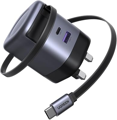UGREEN USB C Charger 65W Nexode GaN 3-Port Fast Charging Plug with Retractable Cable (0.69m), Compatible with MacBook Pro/Air, iPhone 17 Pro/Air/17/16/15, iPad, Galaxy S25/S24, Steam Deck, etc