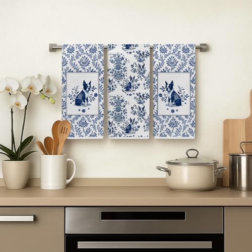 Image of Blue Chinoiserie French Bulldog Kitchen Towels, Frenchie Gifts Dish Tea Towels, Gifts for French Bulldog Lovers, Grandmillennial Toile Dog Decorative Hand Towel for Bathroom, 16x24 Inch Set of 3
