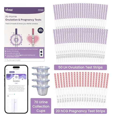 Image of Vivoo Ovulation and Pregnancy Test Strips Kit - 50 LH Ovulation Tests + 20 HCG Pregnancy Tests + 70 Cups | 99.1% Accurate | 5-Min Results | Free App Cycle Tracker