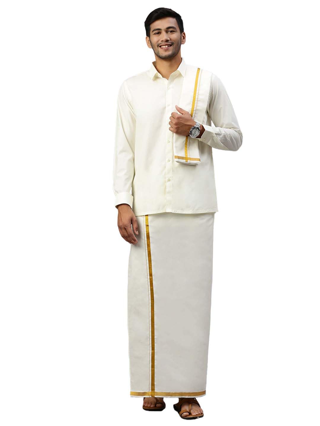 ramraj cotton Men Cream Cotton Full Sleeve Shirt with Gold Border Dhoti Set with Towel and Belt (38)-picture-56
